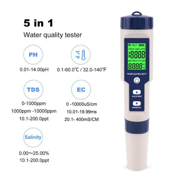 5 In 1 Digital PH Meter With TDS EC Salinity Temperature Measurement Waterproof PH TDS Temp 0.01 Resolution High Accuracy Pen Type Tester, Water Tester For Water, Wine, Spas, Aquariums