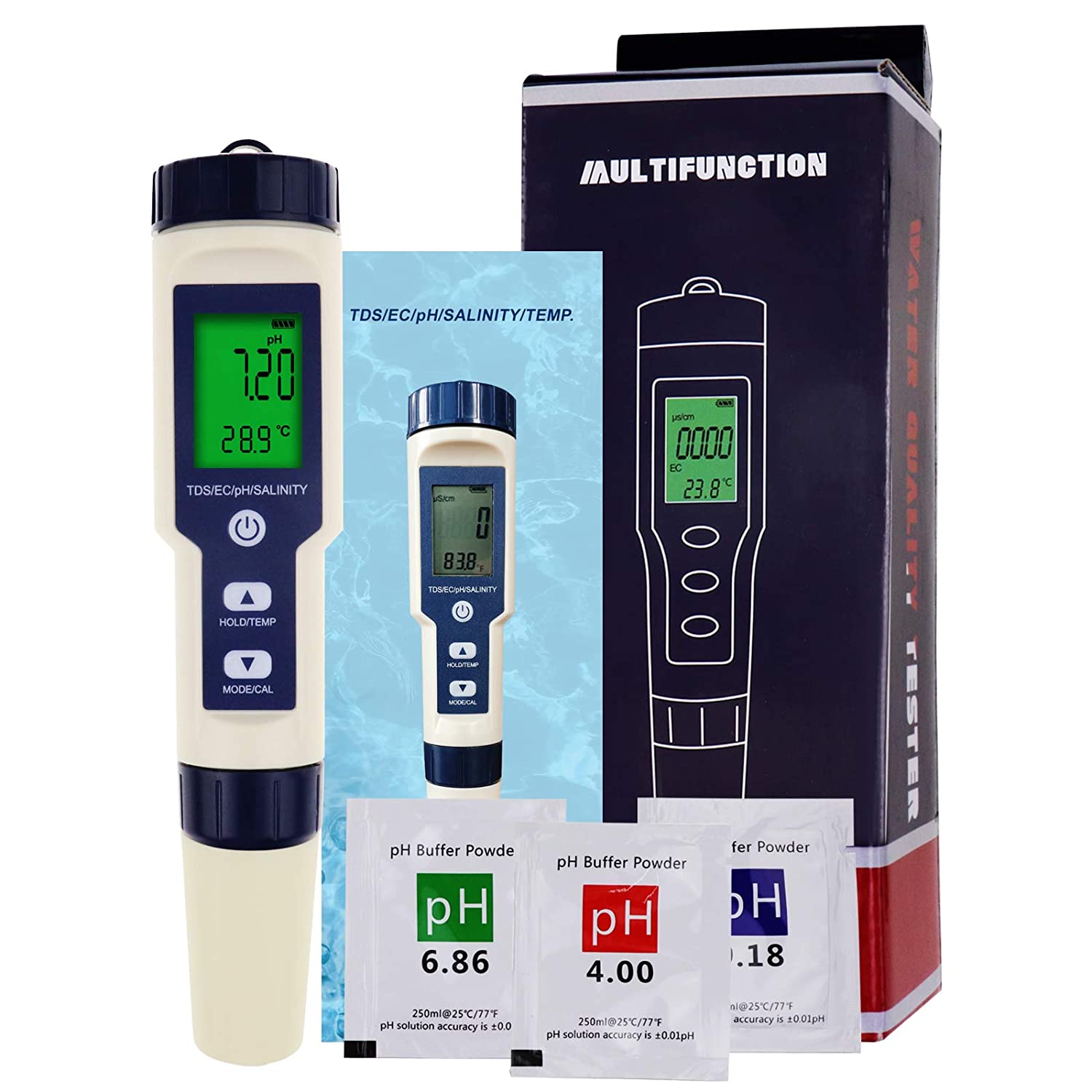 5 In 1 Digital PH Meter With TDS EC Salinity Temperature Measurement Waterproof PH TDS Temp 0.01 Resolution High Accuracy Pen Type Tester, Water Tester For Water, Wine, Spas, Aquariums