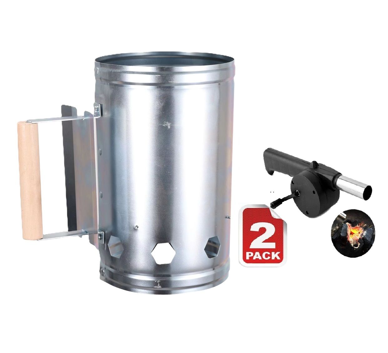 2 PACK Grill BBQ Stove Chimney Charcoal And Blower Starter Fireplace Accessories Tools