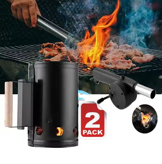 2 PACK Grill BBQ Stove Chimney Charcoal And Blower Starter Fireplace Accessories Tools