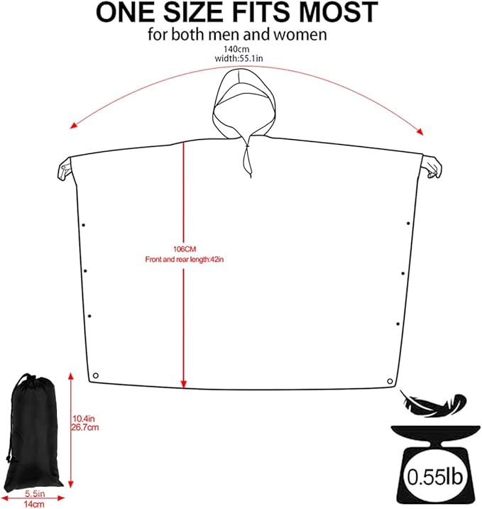 Hooded Rain Poncho for Adult, Waterproof Lightweight Raincoat for Hiking Camping