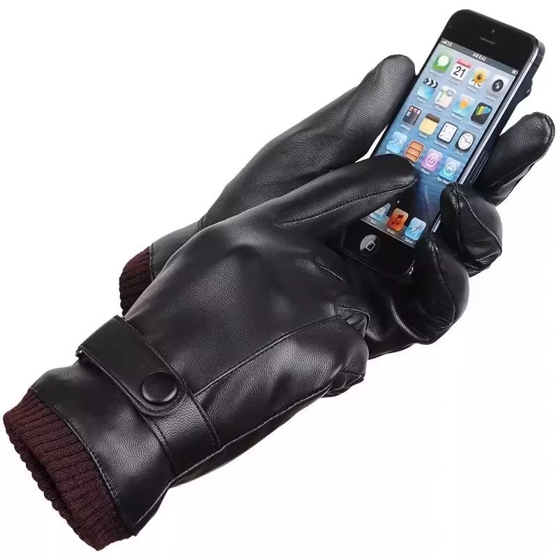 Winter mittens waterproof warm gloves PU Leather black driving riding touch screen cold