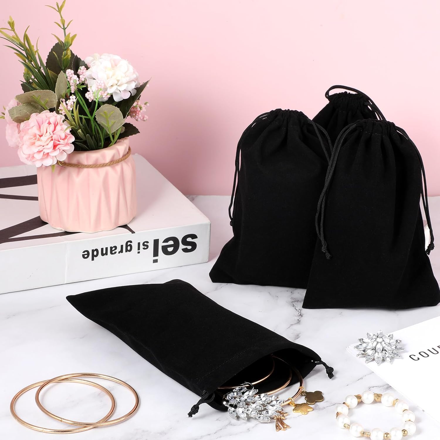 Pack of 5  Velvet Bags 15 x 20 cm Velvet Jewelry Bags with Drawstring Pouch Wedding Christmas Party-Black