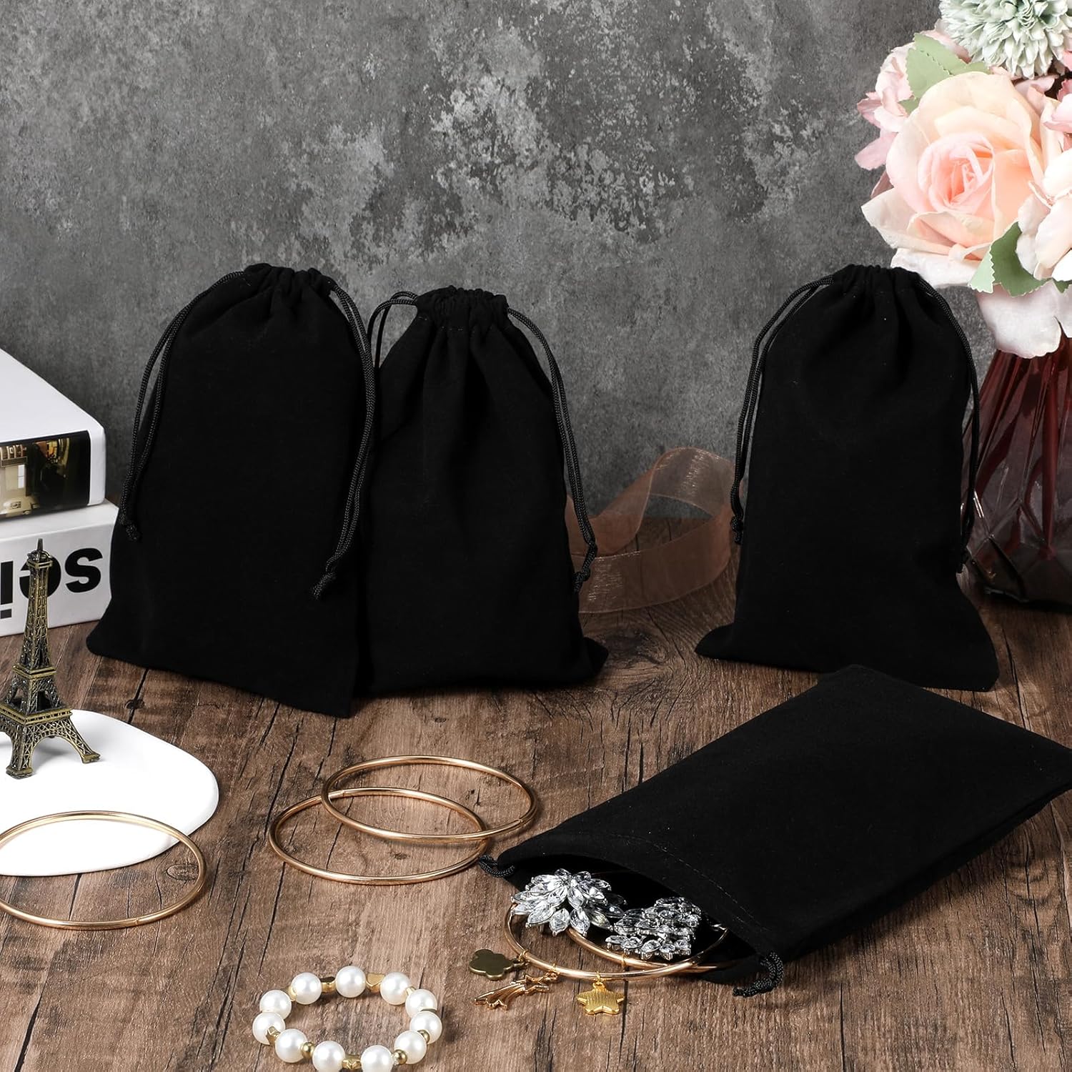 Pack of 5  Velvet Bags 15 x 20 cm Velvet Jewelry Bags with Drawstring Pouch Wedding Christmas Party-Black