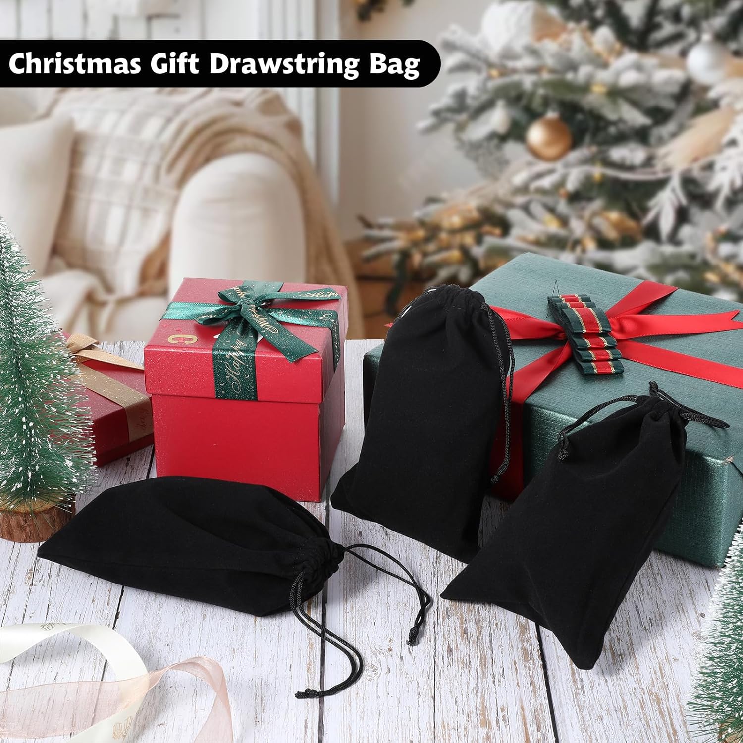 Pack of 5  Velvet Bags 15 x 20 cm Velvet Jewelry Bags with Drawstring Pouch Wedding Christmas Party-Black