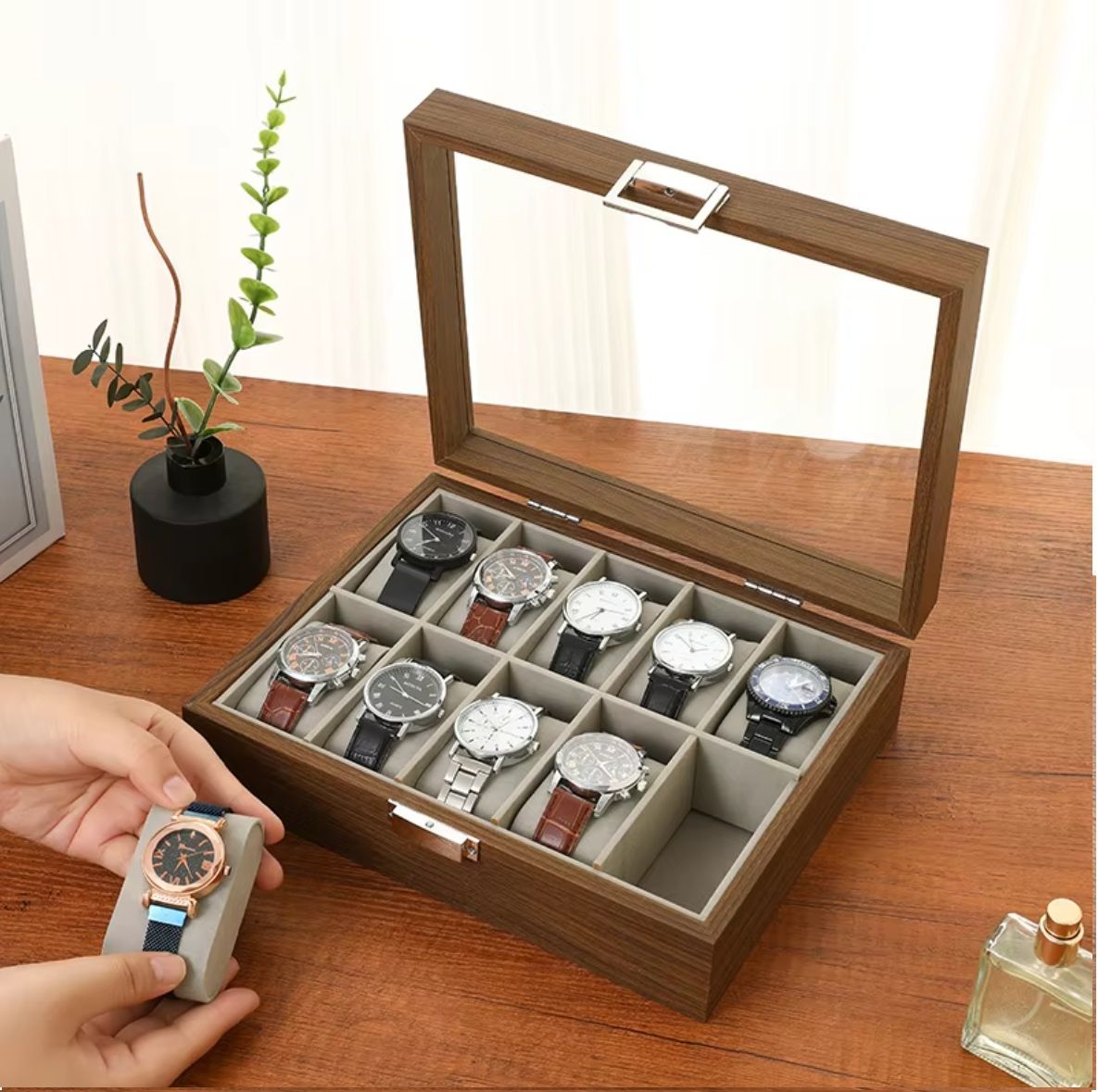 Watch Display Holder Organizer Box clock wrist Case Jewelry 12  POD PU Wooden brown SLOTS