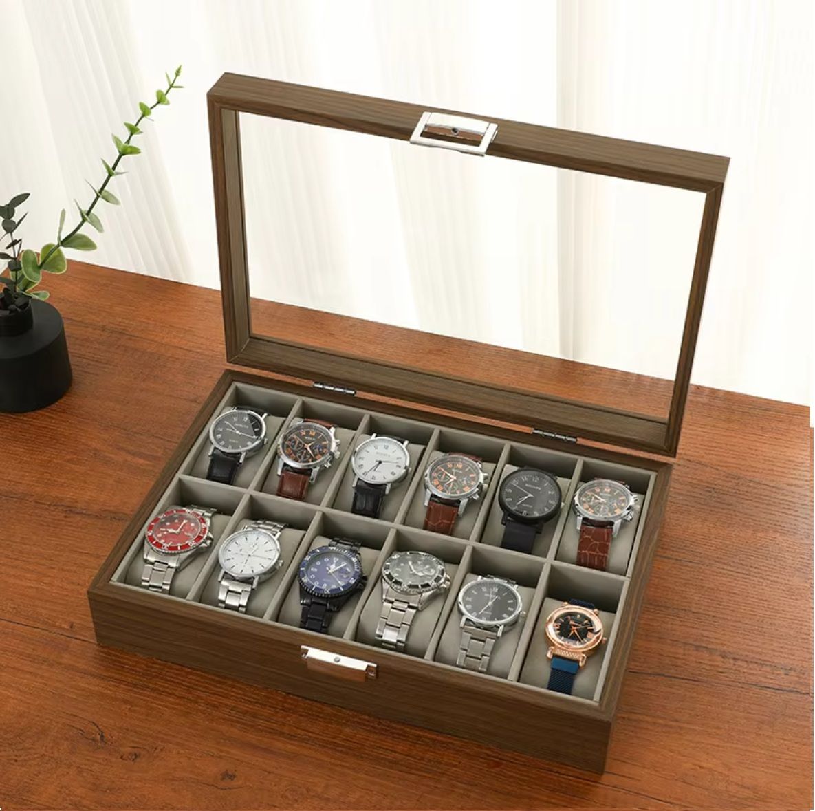 Watch Display Holder Organizer Box clock wrist Case Jewelry 12  POD PU Wooden brown SLOTS