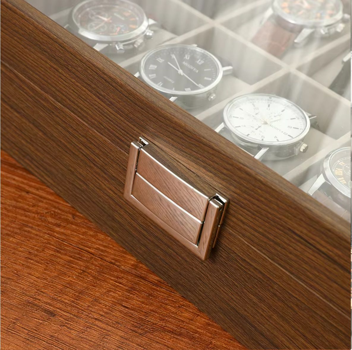 Watch Display Holder Organizer Box clock wrist Case Jewelry 12  POD PU Wooden brown SLOTS