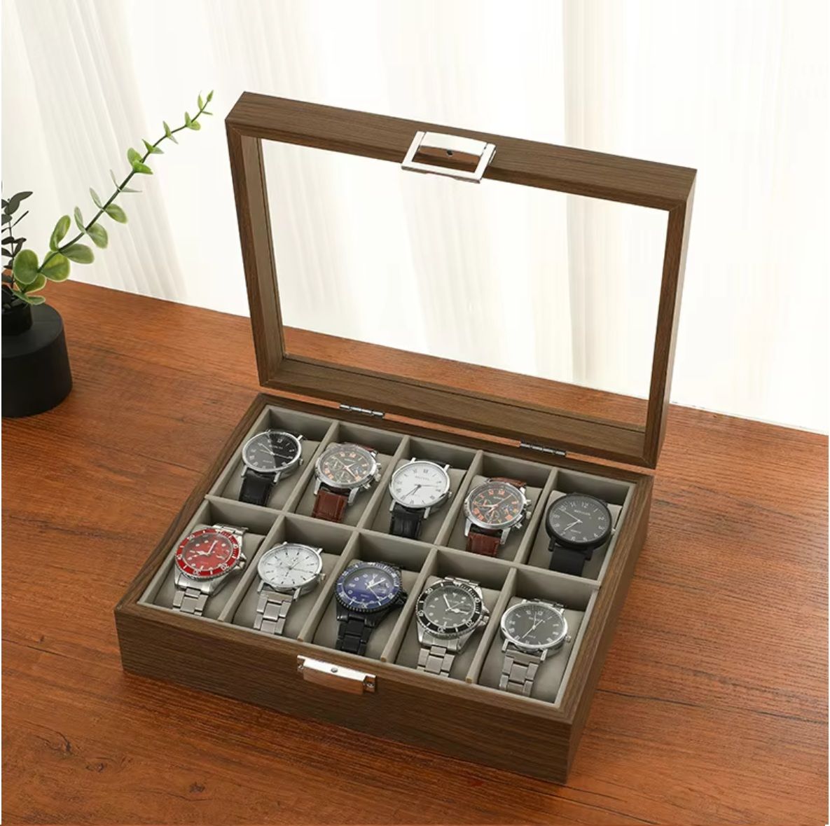 Watch Display Holder Organizer Box clock wrist Case Jewelry 12  POD PU Wooden brown SLOTS