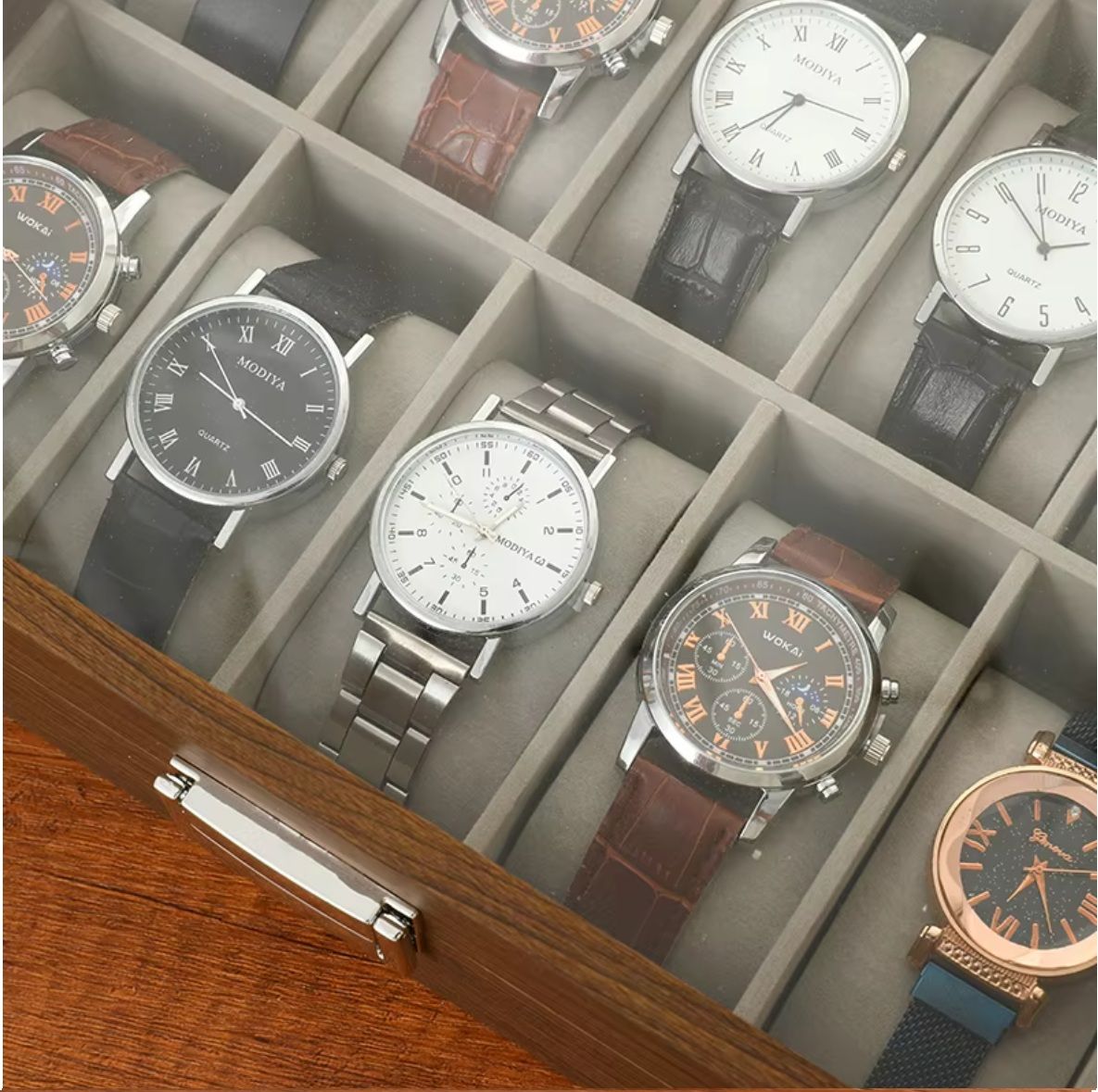 Watch Display Holder Organizer Box clock wrist Case Jewelry 12  POD PU Wooden brown SLOTS