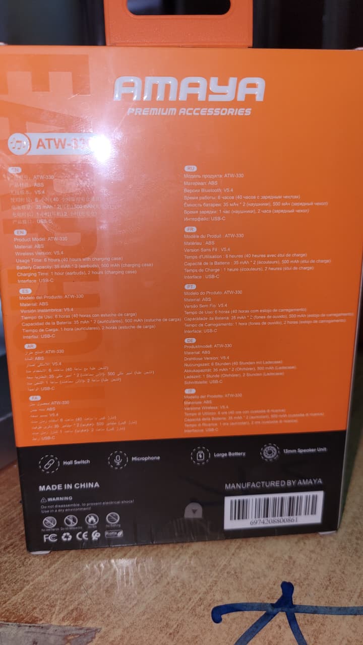 Amaya ATW-330, which are wireless sports earbuds. The box lists several key features of the earbuds. 
Model: ATW-330
Features: Hall switch, microphone, large battery, and 10mm speaker unit.
Material: