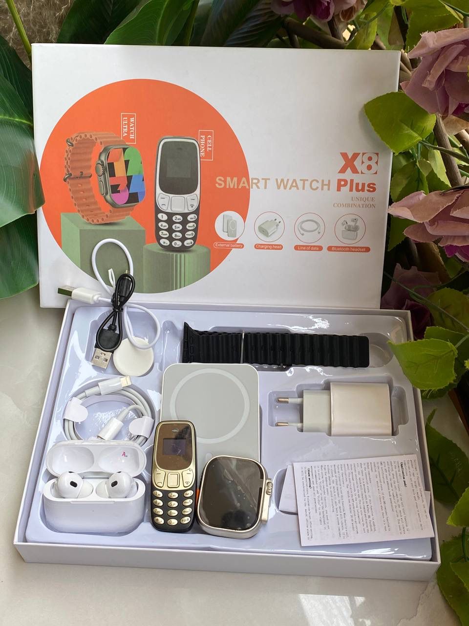 X8 PLUS SMART WATCH WITH A MINI PHONE,POWER BANK AND EARBUDS 
✅Smart watch Features:
▪️Heart rate,Blood pressure and blood oxygen monitor
▪️Multi sport mode(Steps,Running,rope skipping,jogging)
▪️Slee