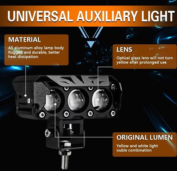 3 Lens Motorcycle LED Spotlight Super Bright Dual Color Hi/Low Beam Headlights Fog Lamps for Motorbike SUV UTV Scooter