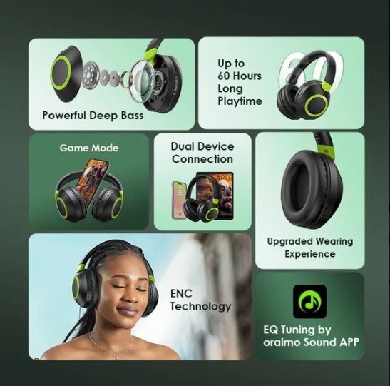 oraimo BoomPop 2 ENC Over-Ear Wireless Headphones with a Powerful Bass,60-hr-Playtime,HD Voice in Calls & Dual-device Connectivity