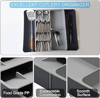 DRAWER ORGANIZER TRAY, PLASTIC CUTLERY STORAGE FOR KITCHEN DRAWER, FLATWARE AND UTENSIL HOLDER DIVIDER FOR SPOONS FORKS KNIVES TABLEWARE, 5 COMPARTMENT,