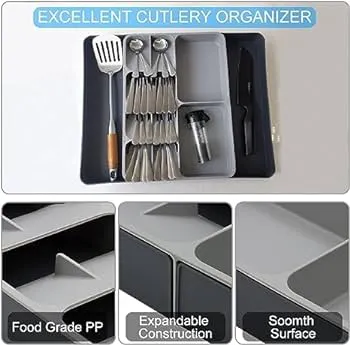 DRAWER ORGANIZER TRAY, PLASTIC CUTLERY STORAGE FOR KITCHEN DRAWER, FLATWARE AND UTENSIL HOLDER DIVIDER FOR SPOONS FORKS KNIVES TABLEWARE, 5 COMPARTMENT,