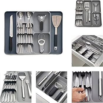 DRAWER ORGANIZER TRAY, PLASTIC CUTLERY STORAGE FOR KITCHEN DRAWER, FLATWARE AND UTENSIL HOLDER DIVIDER FOR SPOONS FORKS KNIVES TABLEWARE, 5 COMPARTMENT,