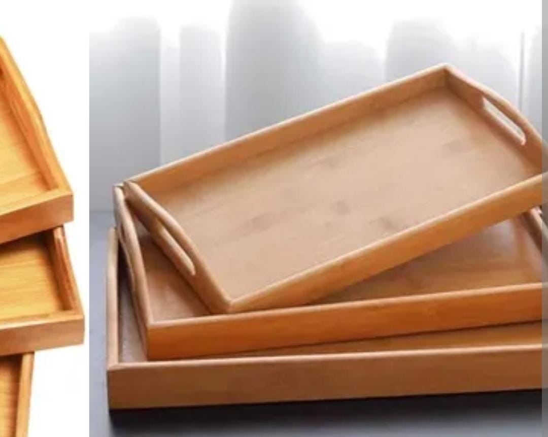 MULTIFUNCTIONAL BIG SIZED 3IN1 BAMBOO SERVING TRAYS PERFECT FOR SERVING FRUITS, BREAKFAST IN BED E COFFEE/DINNER/LUNCH/HOTEL THE TRAYS CAN ALSO BE USED FOR DECOR AND TOP ORGANIZER FOR STORAGE OF ACCES