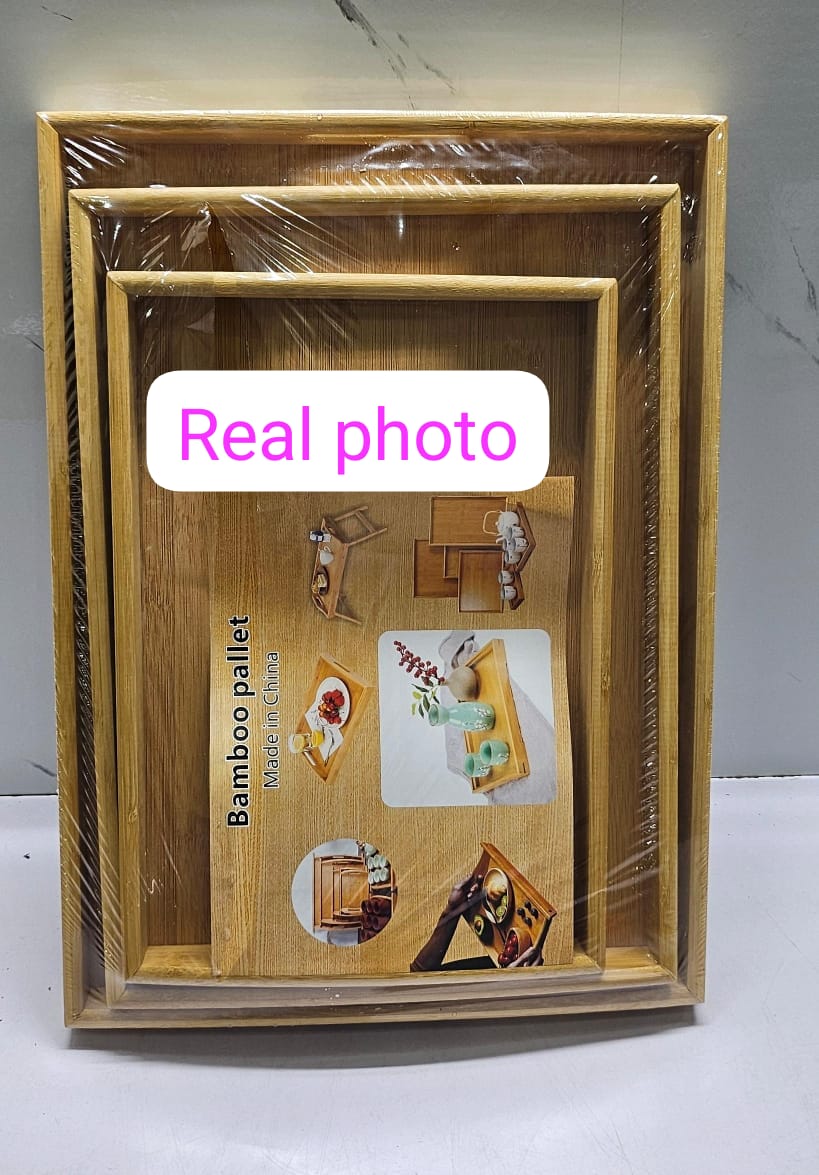 MULTIFUNCTIONAL BIG SIZED 3IN1 BAMBOO SERVING TRAYS PERFECT FOR SERVING FRUITS, BREAKFAST IN BED E COFFEE/DINNER/LUNCH/HOTEL THE TRAYS CAN ALSO BE USED FOR DECOR AND TOP ORGANIZER FOR STORAGE OF ACCES