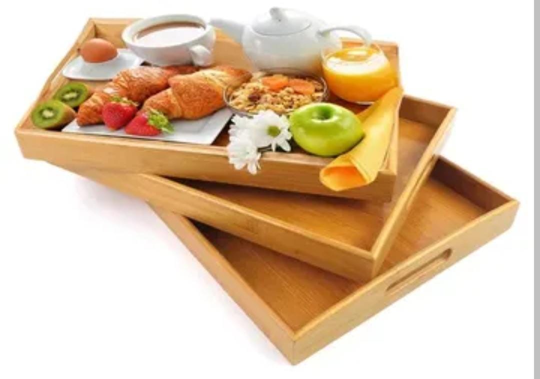 MULTIFUNCTIONAL BIG SIZED 3IN1 BAMBOO SERVING TRAYS PERFECT FOR SERVING FRUITS, BREAKFAST IN BED E COFFEE/DINNER/LUNCH/HOTEL THE TRAYS CAN ALSO BE USED FOR DECOR AND TOP ORGANIZER FOR STORAGE OF ACCES