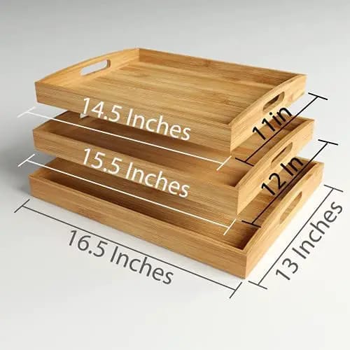 MULTIFUNCTIONAL BIG SIZED 3IN1 BAMBOO SERVING TRAYS PERFECT FOR SERVING FRUITS, BREAKFAST IN BED E COFFEE/DINNER/LUNCH/HOTEL THE TRAYS CAN ALSO BE USED FOR DECOR AND TOP ORGANIZER FOR STORAGE OF ACCES