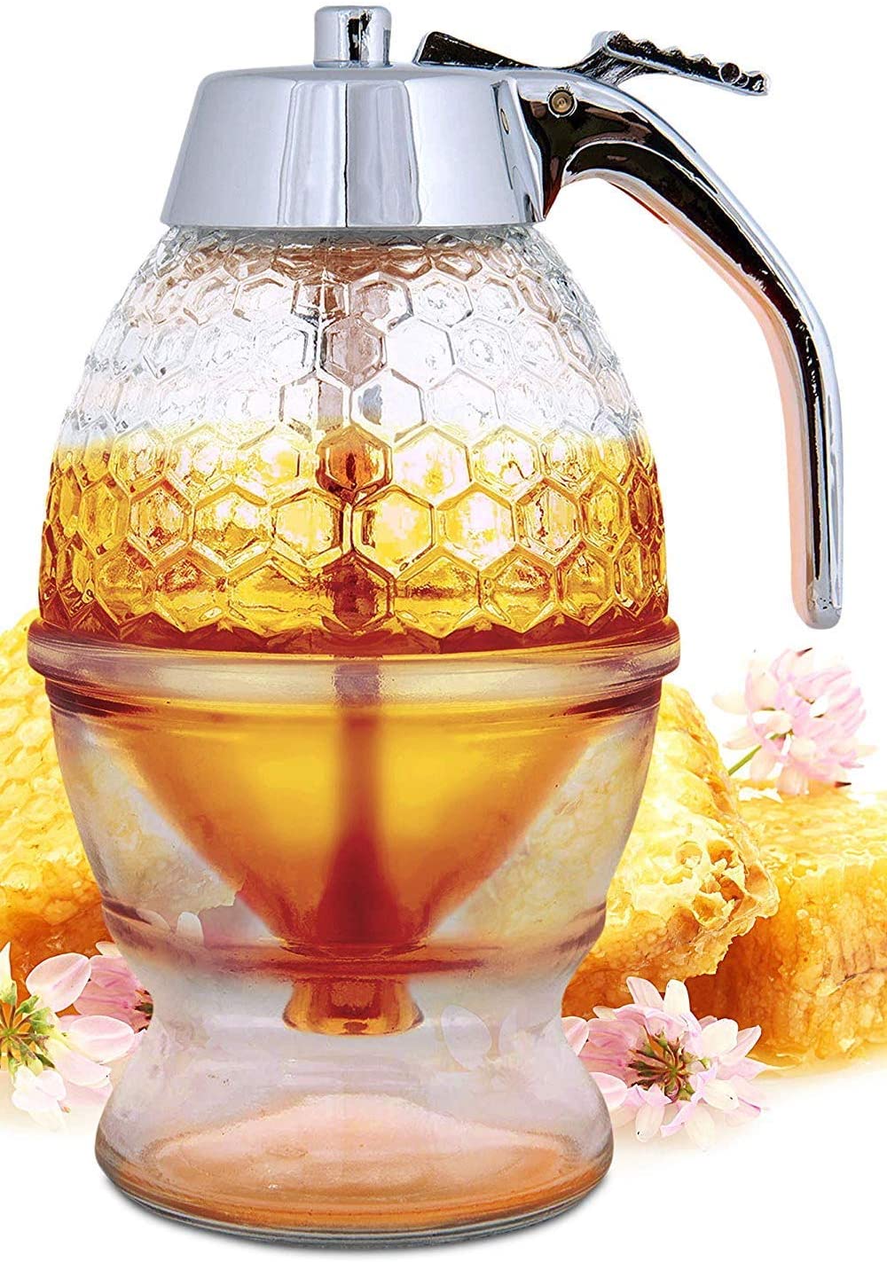 HONEY DISPENSER – NO DRIP GLASS WITH STAND – HONEY JAR – CLEAR GLASS HONEY CONTAINER WITH DIPPER – MAPLE SYRUP DISPENSER – HONEY POT WITH STAND – HONEY BOTTLE WITH FLIP TOP LID