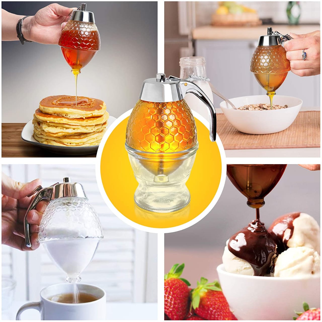 HONEY DISPENSER – NO DRIP GLASS WITH STAND – HONEY JAR – CLEAR GLASS HONEY CONTAINER WITH DIPPER – MAPLE SYRUP DISPENSER – HONEY POT WITH STAND – HONEY BOTTLE WITH FLIP TOP LID