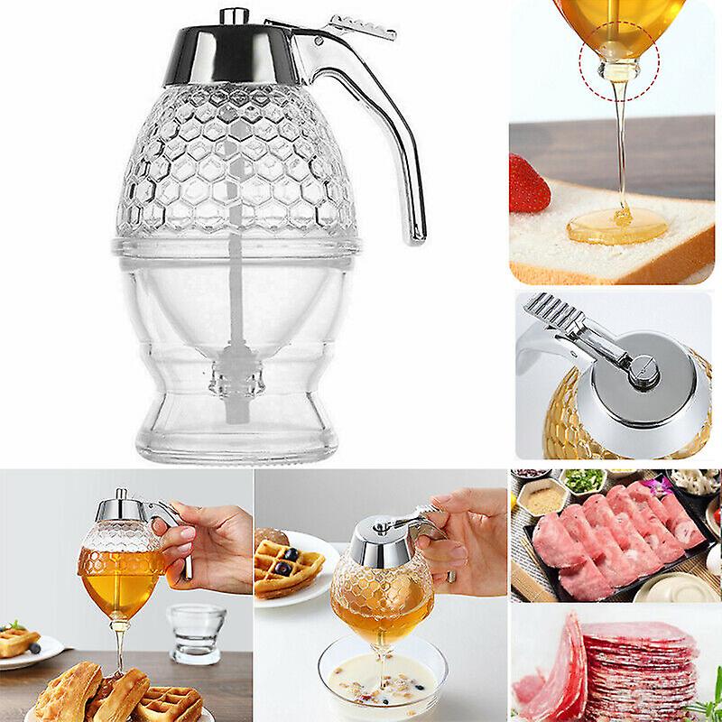 HONEY DISPENSER – NO DRIP GLASS WITH STAND – HONEY JAR – CLEAR GLASS HONEY CONTAINER WITH DIPPER – MAPLE SYRUP DISPENSER – HONEY POT WITH STAND – HONEY BOTTLE WITH FLIP TOP LID