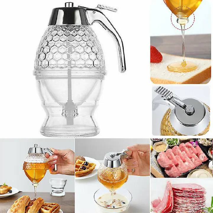 HONEY DISPENSER – NO DRIP GLASS WITH STAND – HONEY JAR – CLEAR GLASS HONEY CONTAINER WITH DIPPER – MAPLE SYRUP DISPENSER – HONEY POT WITH STAND – HONEY BOTTLE WITH FLIP TOP LID