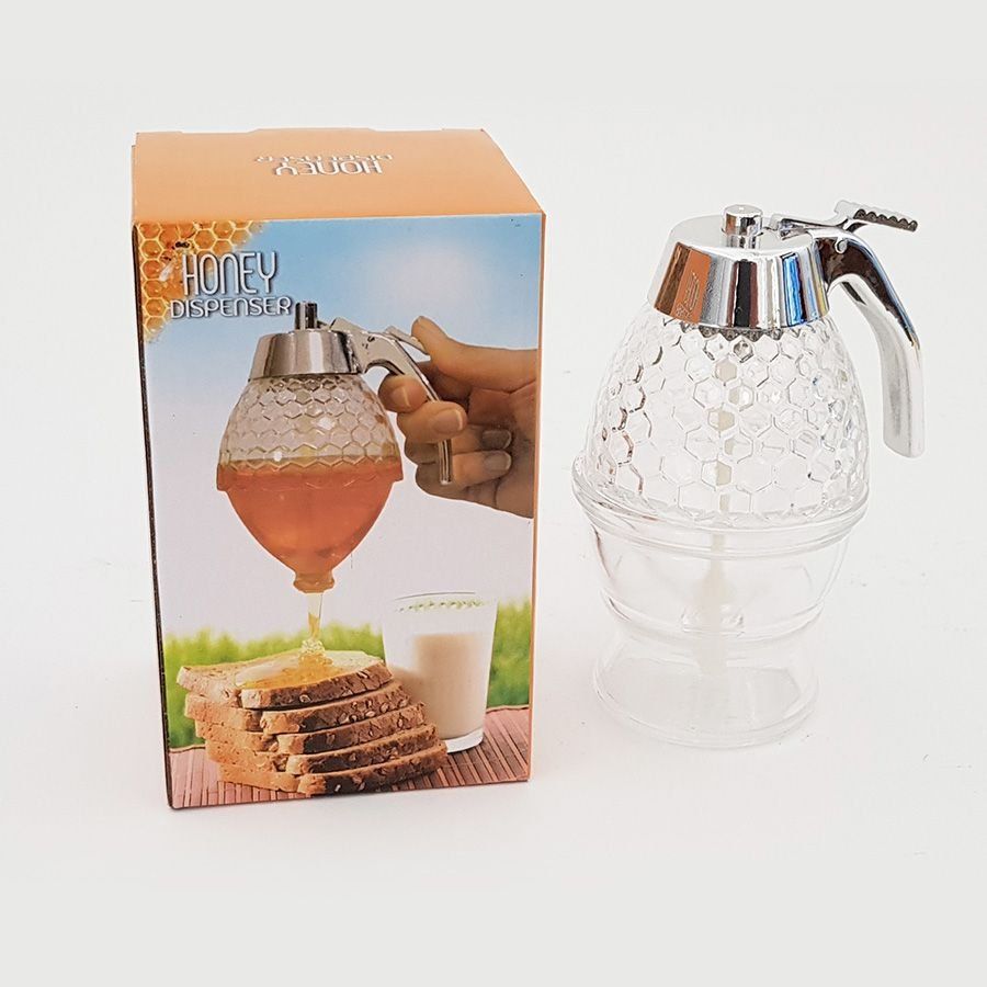 HONEY DISPENSER – NO DRIP GLASS WITH STAND – HONEY JAR – CLEAR GLASS HONEY CONTAINER WITH DIPPER – MAPLE SYRUP DISPENSER – HONEY POT WITH STAND – HONEY BOTTLE WITH FLIP TOP LID