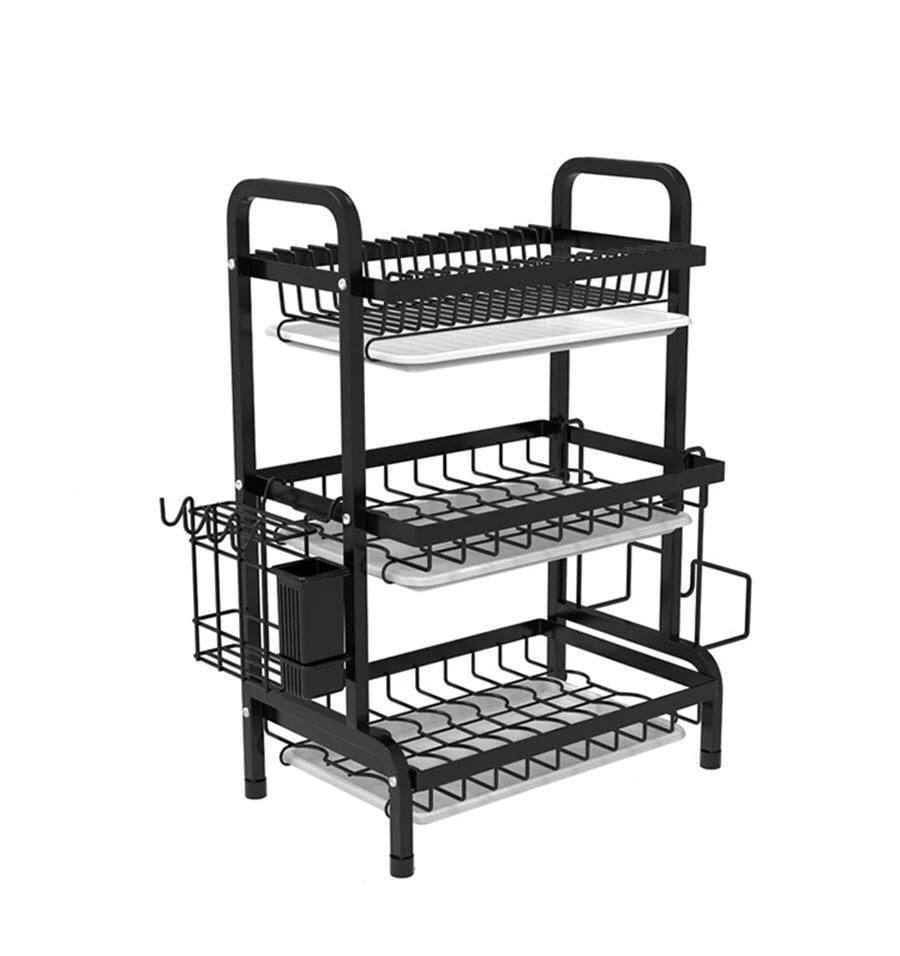RUST-PROOF DISH DRYING RACK, 3 TIER LARGE DISH RACK FOR KITCHEN COUNTER, CARBON STEEL DETACHABLE DISH DRAINER ORGANIZER WITH UTENSIL HOLDER AND DRAINBOARD