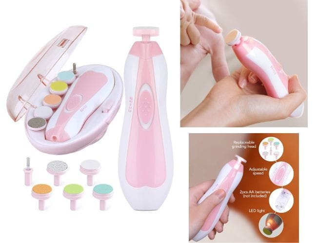 BABY NAIL TRIMMER ELECTRIC, SAFE BABY NAIL FILE, BABY NAIL CLIPPERS WITH LIGHT AND 6 GRINDING PADS FOR NEWBORN INFANT TODDLER OR ADULTS TOES AND FINGERNAILS, KIDS NAIL CARE, POLISH AND TRIM AA battery