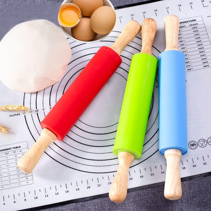 SILICONE ROLLING PIN FOR BAKING NON-STICK ROLLING PIN DOUGH ROLLER WOODEN HANDLE KITCHEN ACCESSORIES PASTRY ROLLER