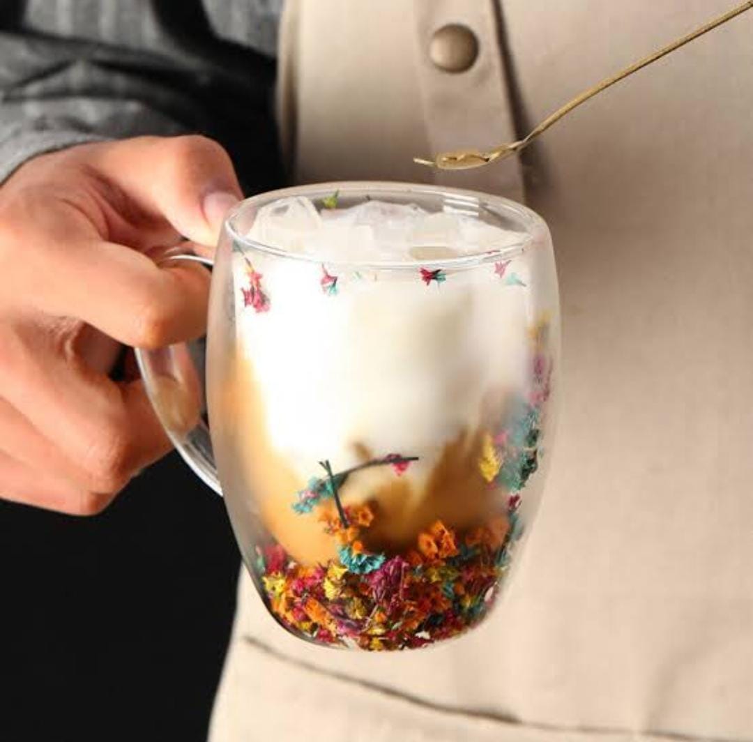DOUBLE WALL CLEAR ACRYLIC COFFEE MUGS,CREATIVE CLEAR GLASS CUPS WITH HANDLE,FLOWERS DOUBLE INSULATED GLASS CUP FOR HOT COLD BEVERAGES, CAPPUCCINO, LATTE, ESPRESSO COFFEE, JUICE,GLASS COFFEE CUPS