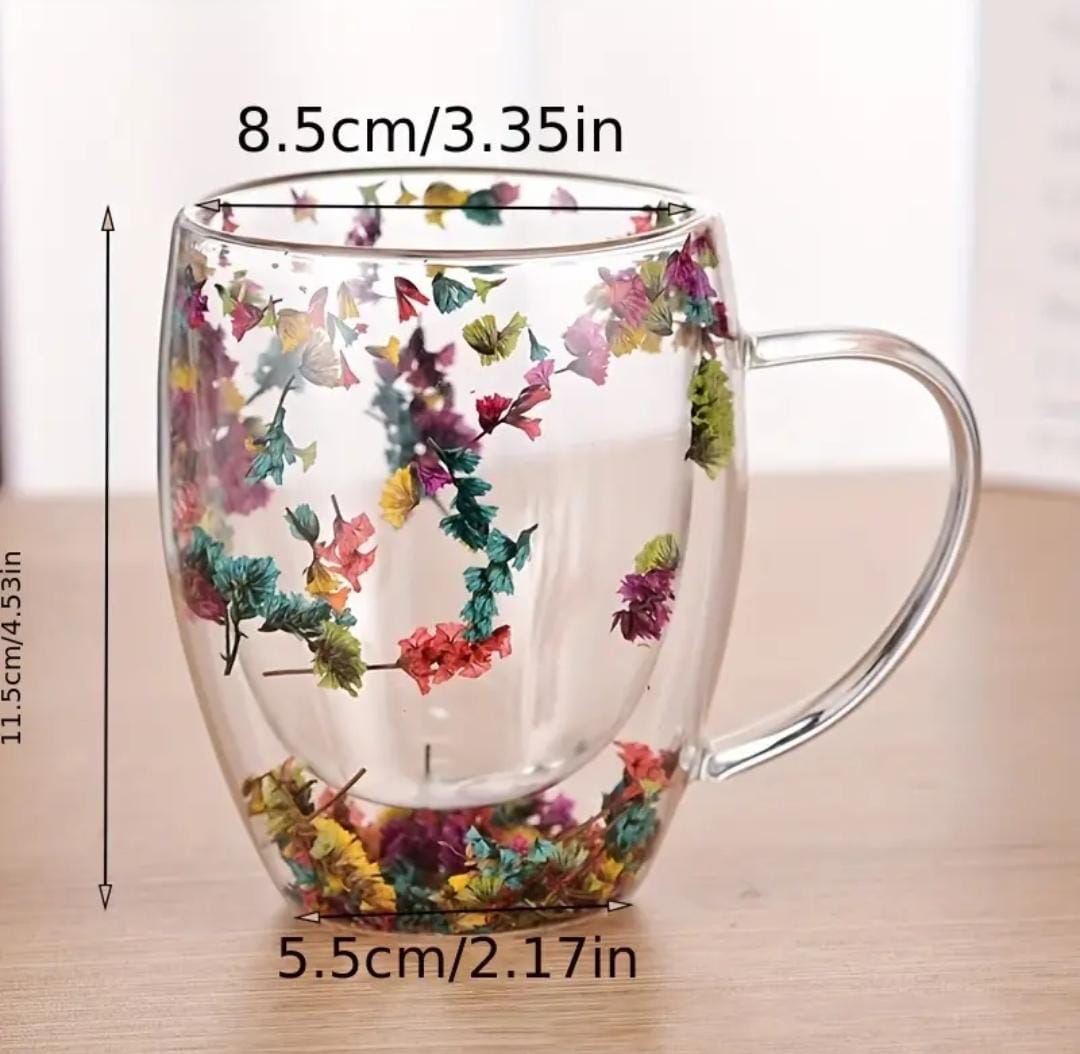 DOUBLE WALL CLEAR ACRYLIC COFFEE MUGS,CREATIVE CLEAR GLASS CUPS WITH HANDLE,FLOWERS DOUBLE INSULATED GLASS CUP FOR HOT COLD BEVERAGES, CAPPUCCINO, LATTE, ESPRESSO COFFEE, JUICE,GLASS COFFEE CUPS