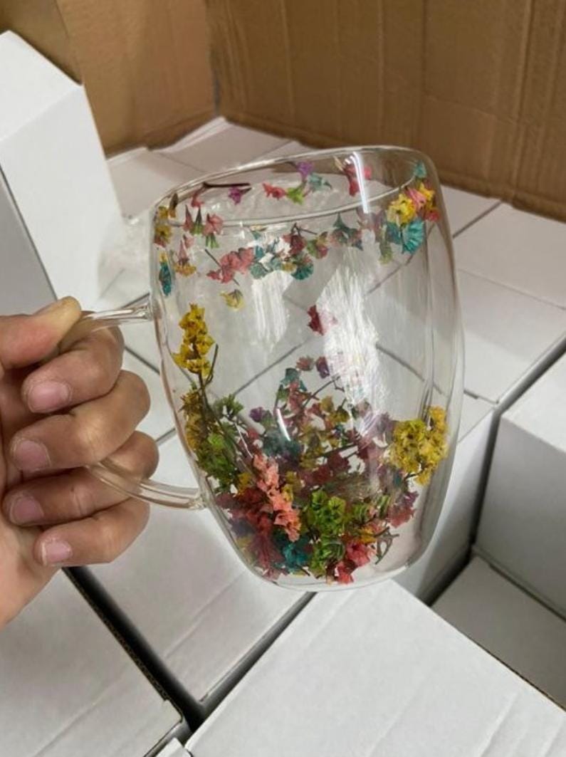 DOUBLE WALL CLEAR ACRYLIC COFFEE MUGS,CREATIVE CLEAR GLASS CUPS WITH HANDLE,FLOWERS DOUBLE INSULATED GLASS CUP FOR HOT COLD BEVERAGES, CAPPUCCINO, LATTE, ESPRESSO COFFEE, JUICE,GLASS COFFEE CUPS