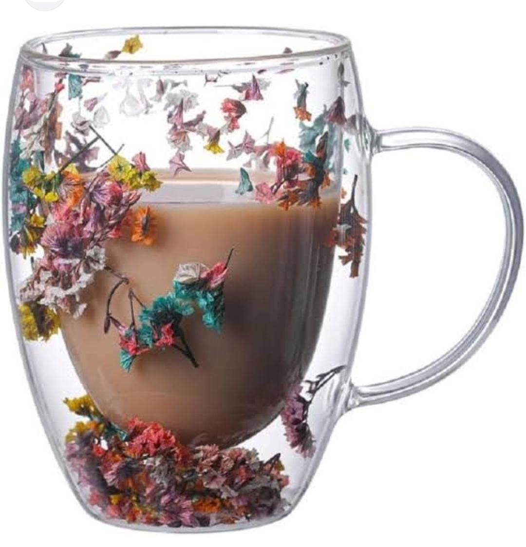 DOUBLE WALL CLEAR ACRYLIC COFFEE MUGS,CREATIVE CLEAR GLASS CUPS WITH HANDLE,FLOWERS DOUBLE INSULATED GLASS CUP FOR HOT COLD BEVERAGES, CAPPUCCINO, LATTE, ESPRESSO COFFEE, JUICE,GLASS COFFEE CUPS