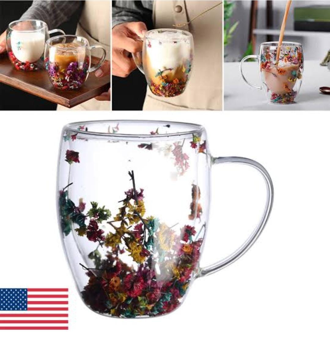 DOUBLE WALL CLEAR ACRYLIC COFFEE MUGS,CREATIVE CLEAR GLASS CUPS WITH HANDLE,FLOWERS DOUBLE INSULATED GLASS CUP FOR HOT COLD BEVERAGES, CAPPUCCINO, LATTE, ESPRESSO COFFEE, JUICE,GLASS COFFEE CUPS