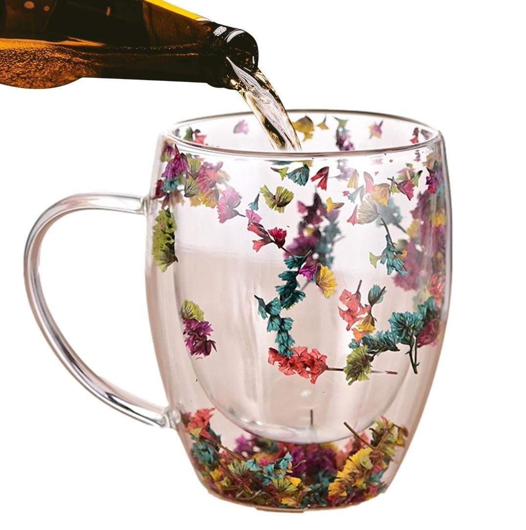 DOUBLE WALL CLEAR ACRYLIC COFFEE MUGS,CREATIVE CLEAR GLASS CUPS WITH HANDLE,FLOWERS DOUBLE INSULATED GLASS CUP FOR HOT COLD BEVERAGES, CAPPUCCINO, LATTE, ESPRESSO COFFEE, JUICE,GLASS COFFEE CUPS