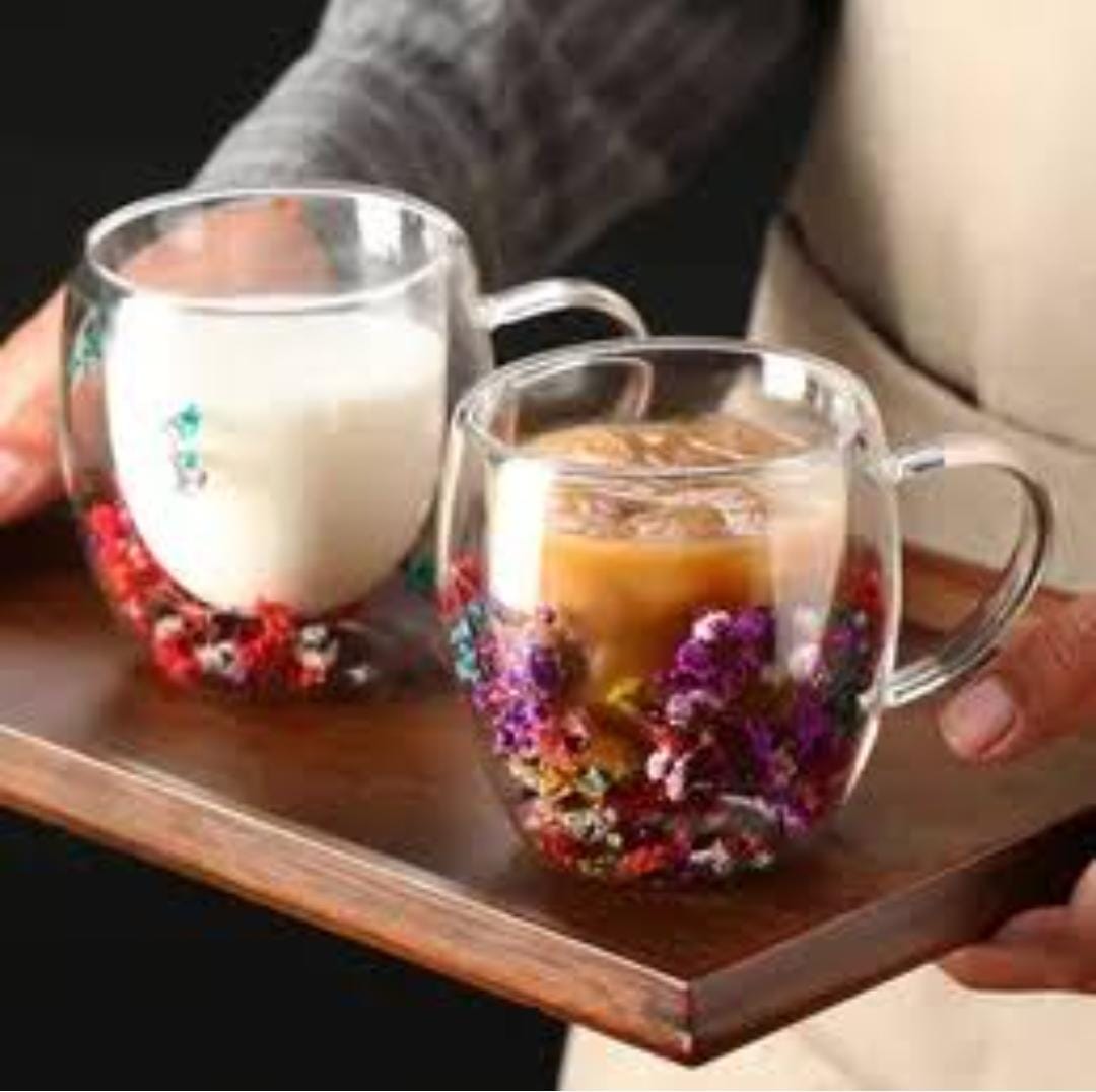 DOUBLE WALL CLEAR ACRYLIC COFFEE MUGS,CREATIVE CLEAR GLASS CUPS WITH HANDLE,FLOWERS DOUBLE INSULATED GLASS CUP FOR HOT COLD BEVERAGES, CAPPUCCINO, LATTE, ESPRESSO COFFEE, JUICE,GLASS COFFEE CUPS
