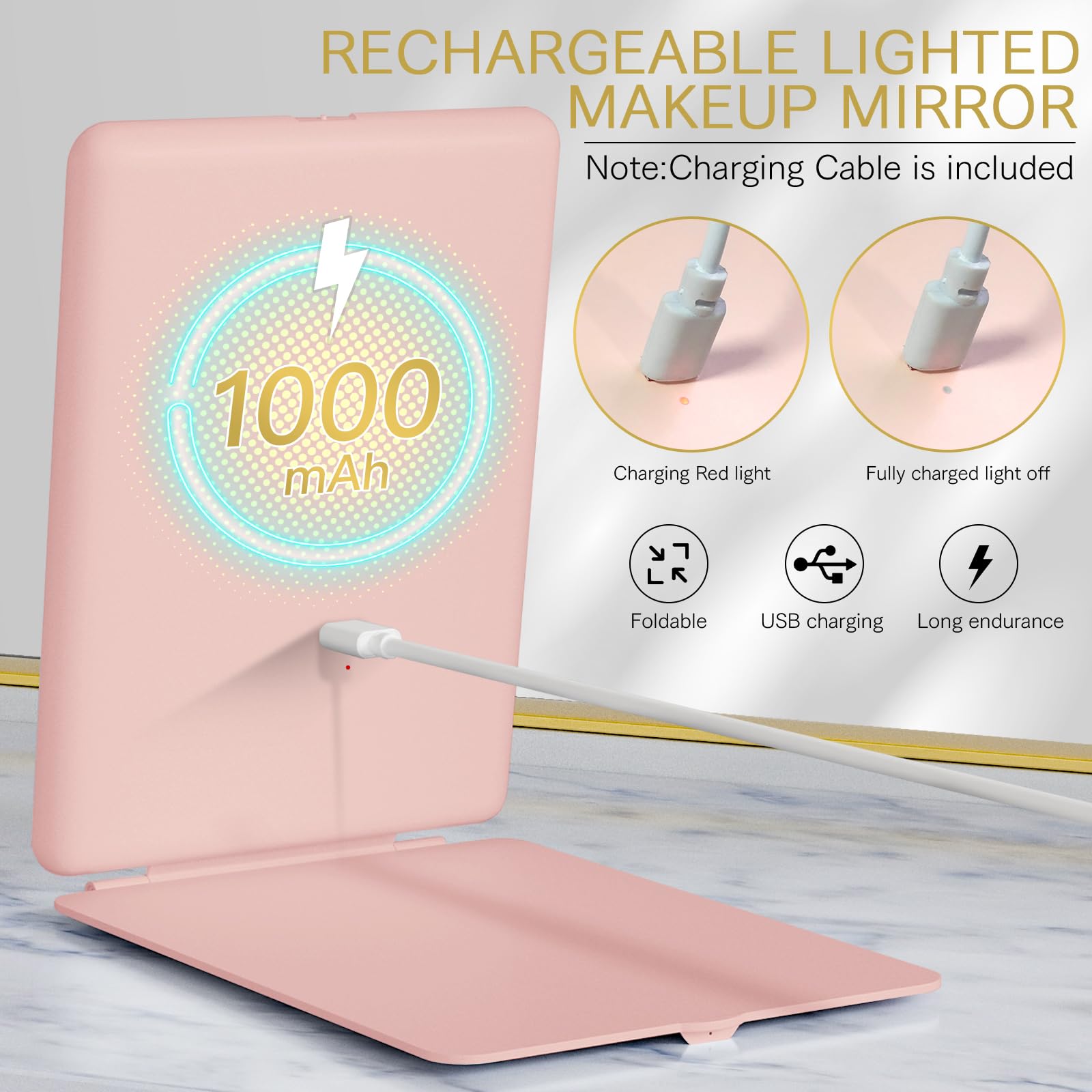 RECHARGEABLE TRAVEL COMPACT MAKEUP MIRROR WITH LIGHTS, PORTABLE LIGHTED VANITY MIRROR WITH 10X MAGNIFICATION,  3 COLOR LIGHTS, ILLUMINATED TABLETOP FOLDABLE COSMETIC MIRROR