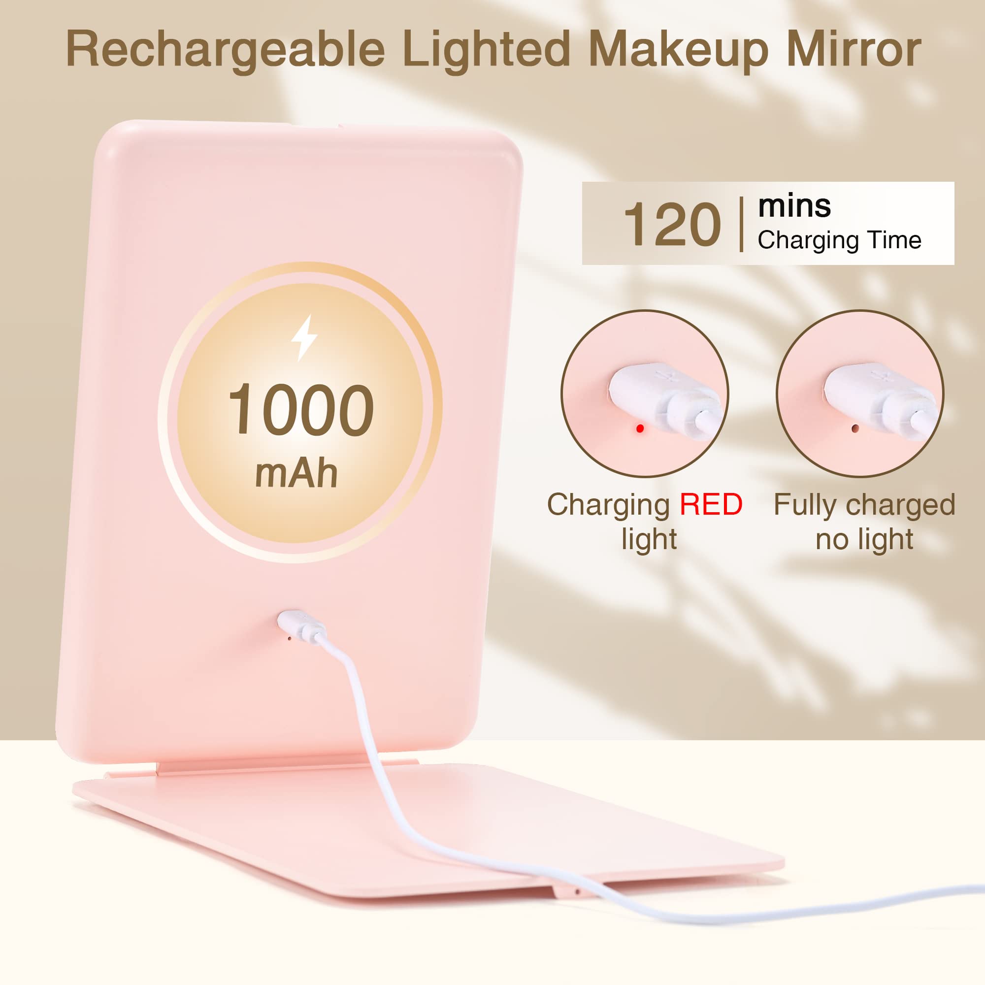RECHARGEABLE TRAVEL COMPACT MAKEUP MIRROR WITH LIGHTS, PORTABLE LIGHTED VANITY MIRROR WITH 10X MAGNIFICATION,  3 COLOR LIGHTS, ILLUMINATED TABLETOP FOLDABLE COSMETIC MIRROR