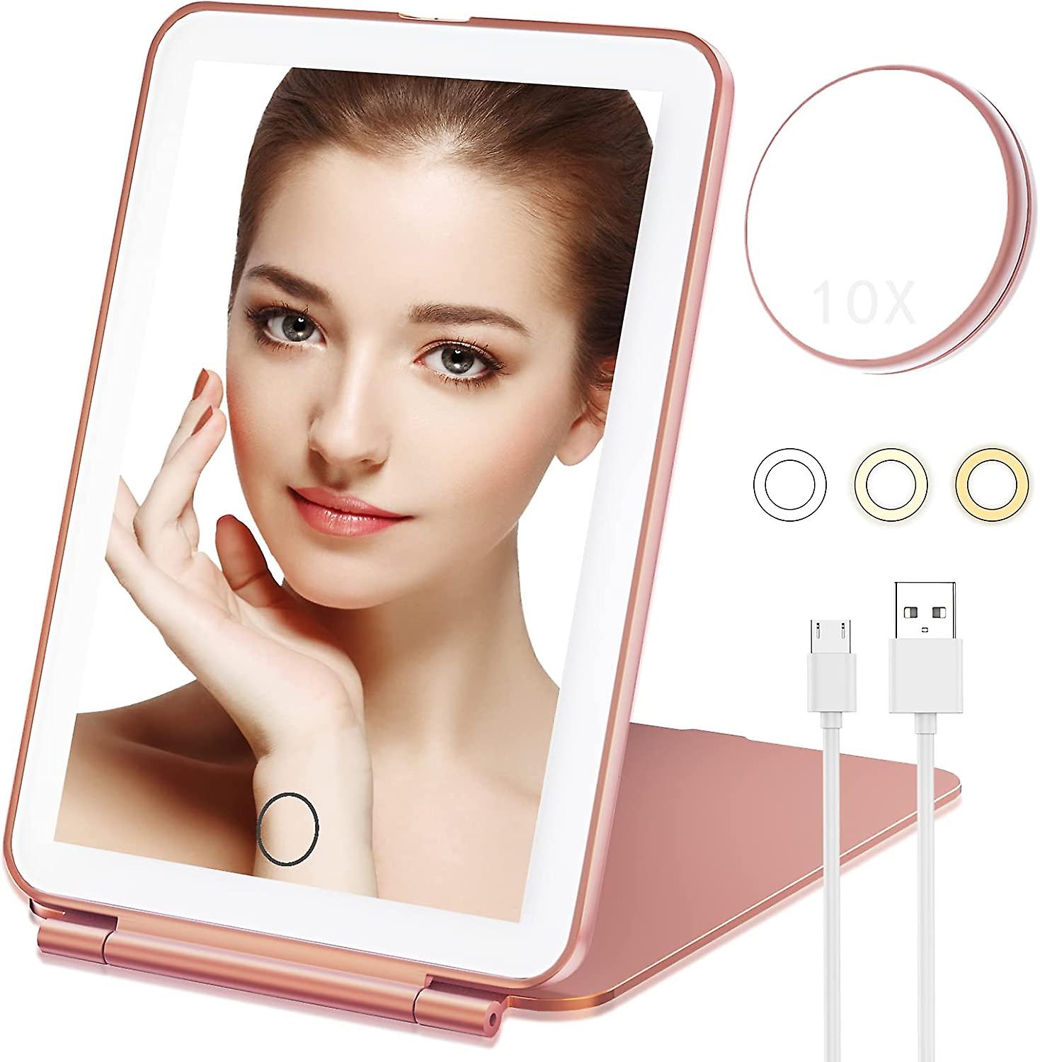 RECHARGEABLE TRAVEL COMPACT MAKEUP MIRROR WITH LIGHTS, PORTABLE LIGHTED VANITY MIRROR WITH 10X MAGNIFICATION,  3 COLOR LIGHTS, ILLUMINATED TABLETOP FOLDABLE COSMETIC MIRROR