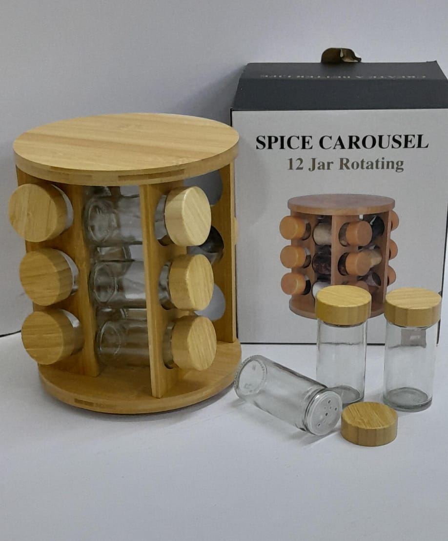 ROTATING GLASS & BAMBOO SPICE CAROUSEL ROTATING SPICE RACK ORGANIZER WITH SEASONING ORGANIZER FOR CABINET, KITCHEN SPICE RACKS FOR COUNTERTOP, REVOLVING  SPICE ORGANIZER