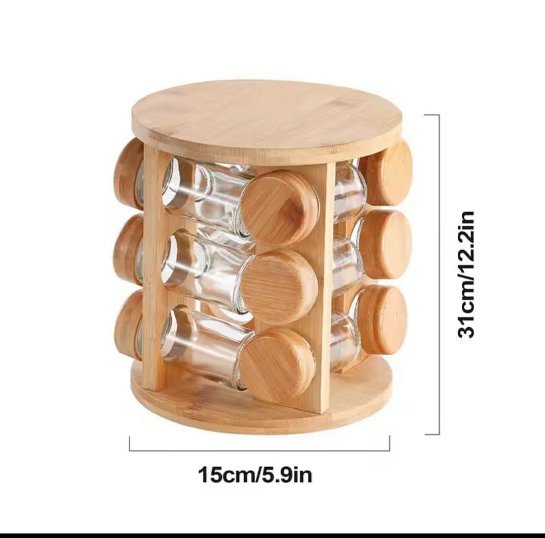 ROTATING GLASS & BAMBOO SPICE CAROUSEL ROTATING SPICE RACK ORGANIZER WITH SEASONING ORGANIZER FOR CABINET, KITCHEN SPICE RACKS FOR COUNTERTOP, REVOLVING  SPICE ORGANIZER