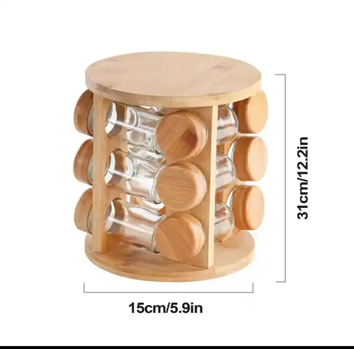 ROTATING GLASS & BAMBOO SPICE CAROUSEL ROTATING SPICE RACK ORGANIZER WITH SEASONING ORGANIZER FOR CABINET, KITCHEN SPICE RACKS FOR COUNTERTOP, REVOLVING  SPICE ORGANIZER