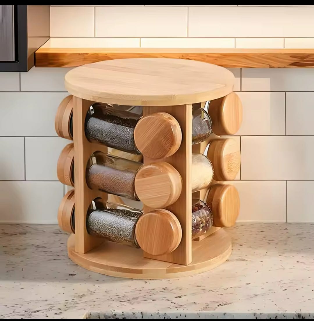 ROTATING GLASS & BAMBOO SPICE CAROUSEL ROTATING SPICE RACK ORGANIZER WITH SEASONING ORGANIZER FOR CABINET, KITCHEN SPICE RACKS FOR COUNTERTOP, REVOLVING  SPICE ORGANIZER
