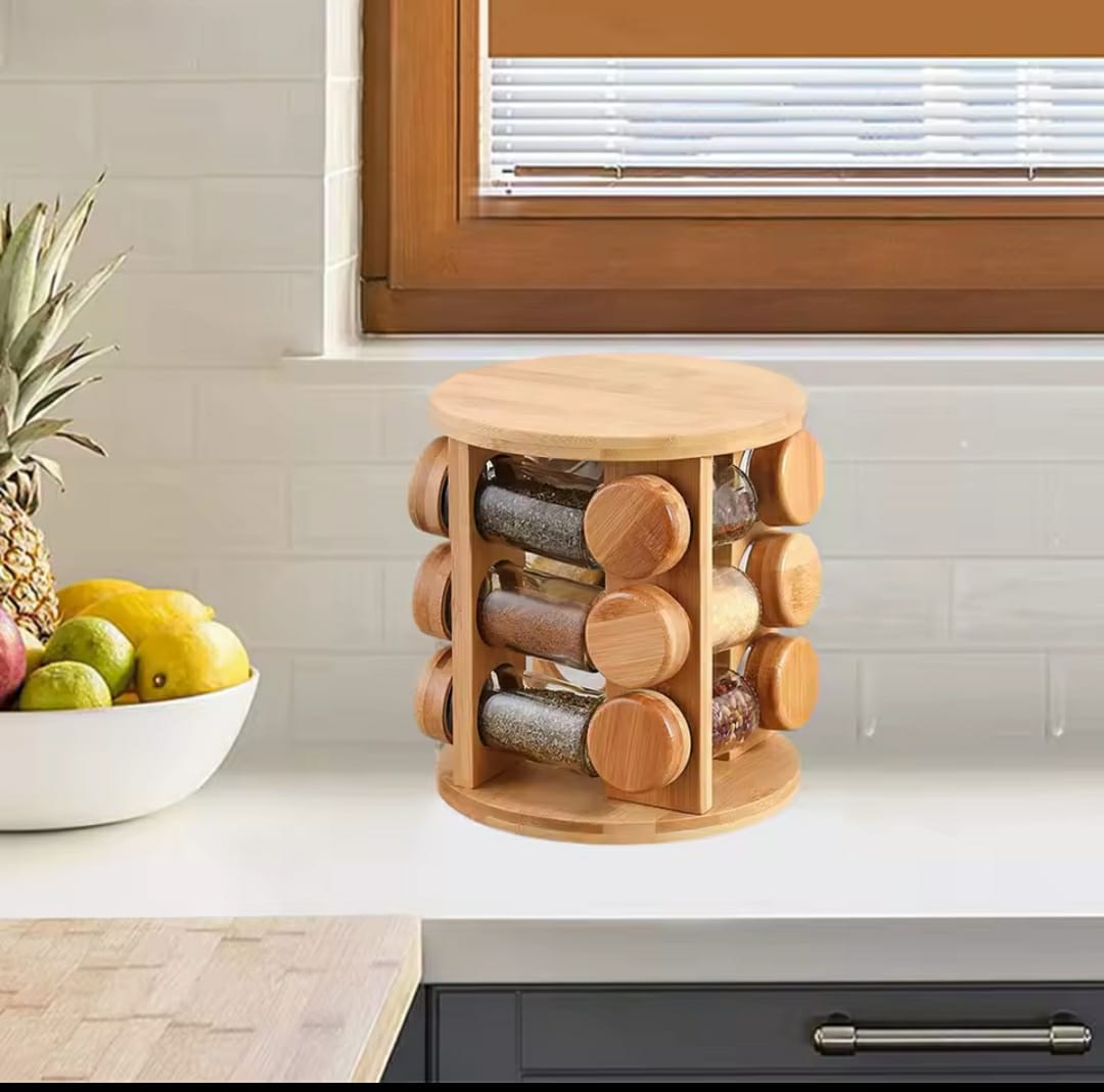 ROTATING GLASS & BAMBOO SPICE CAROUSEL ROTATING SPICE RACK ORGANIZER WITH SEASONING ORGANIZER FOR CABINET, KITCHEN SPICE RACKS FOR COUNTERTOP, REVOLVING  SPICE ORGANIZER