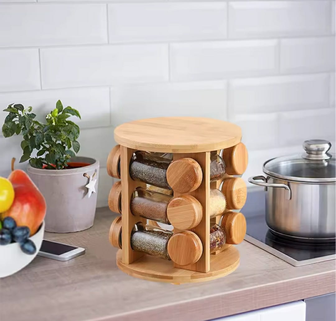 ROTATING GLASS & BAMBOO SPICE CAROUSEL ROTATING SPICE RACK ORGANIZER WITH SEASONING ORGANIZER FOR CABINET, KITCHEN SPICE RACKS FOR COUNTERTOP, REVOLVING  SPICE ORGANIZER