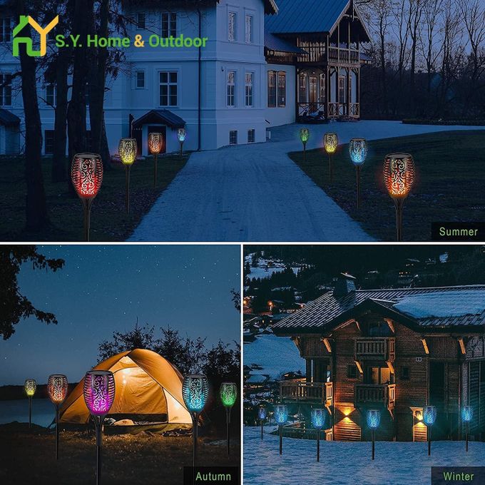 RGB Multicolor Solar Torch Lights Outdoor Waterproof Flickering Dancing Flames Landscape Decoration Path Lighting Dusk to Dawn Auto On/Off for Yard Garden Pathway Driveway-4 pieces